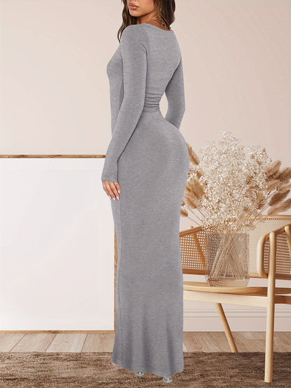 Women's Sexy Square Neck Long Sleeve Bodycon Maxi Dress Casual Ribbed Soft Lounge Dresses