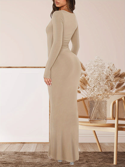 Women's Sexy Square Neck Long Sleeve Bodycon Maxi Dress Casual Ribbed Soft Lounge Dresses