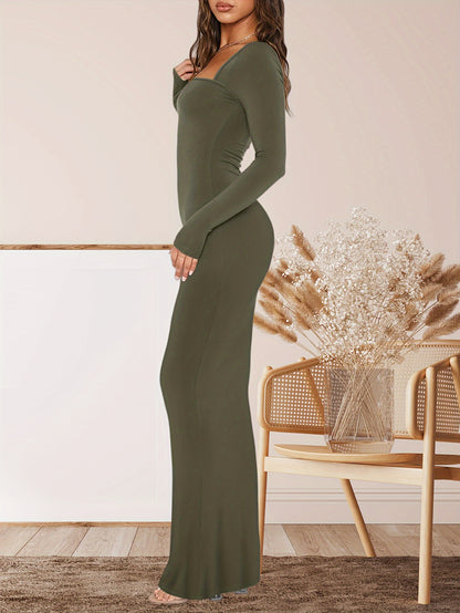 Women's Sexy Square Neck Long Sleeve Bodycon Maxi Dress Casual Ribbed Soft Lounge Dresses