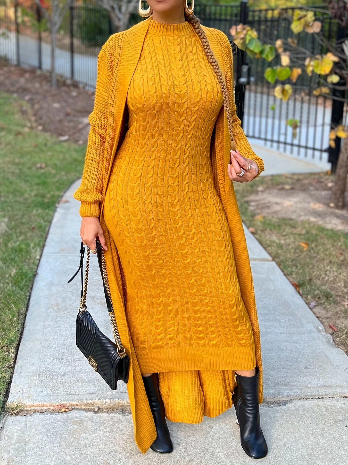 2 Pcs Cable Knit Elegant Long Sleeve Open Front Longline Cardigan & Mock Neck Bodycon Maxi Dress Set, Women's Clothing