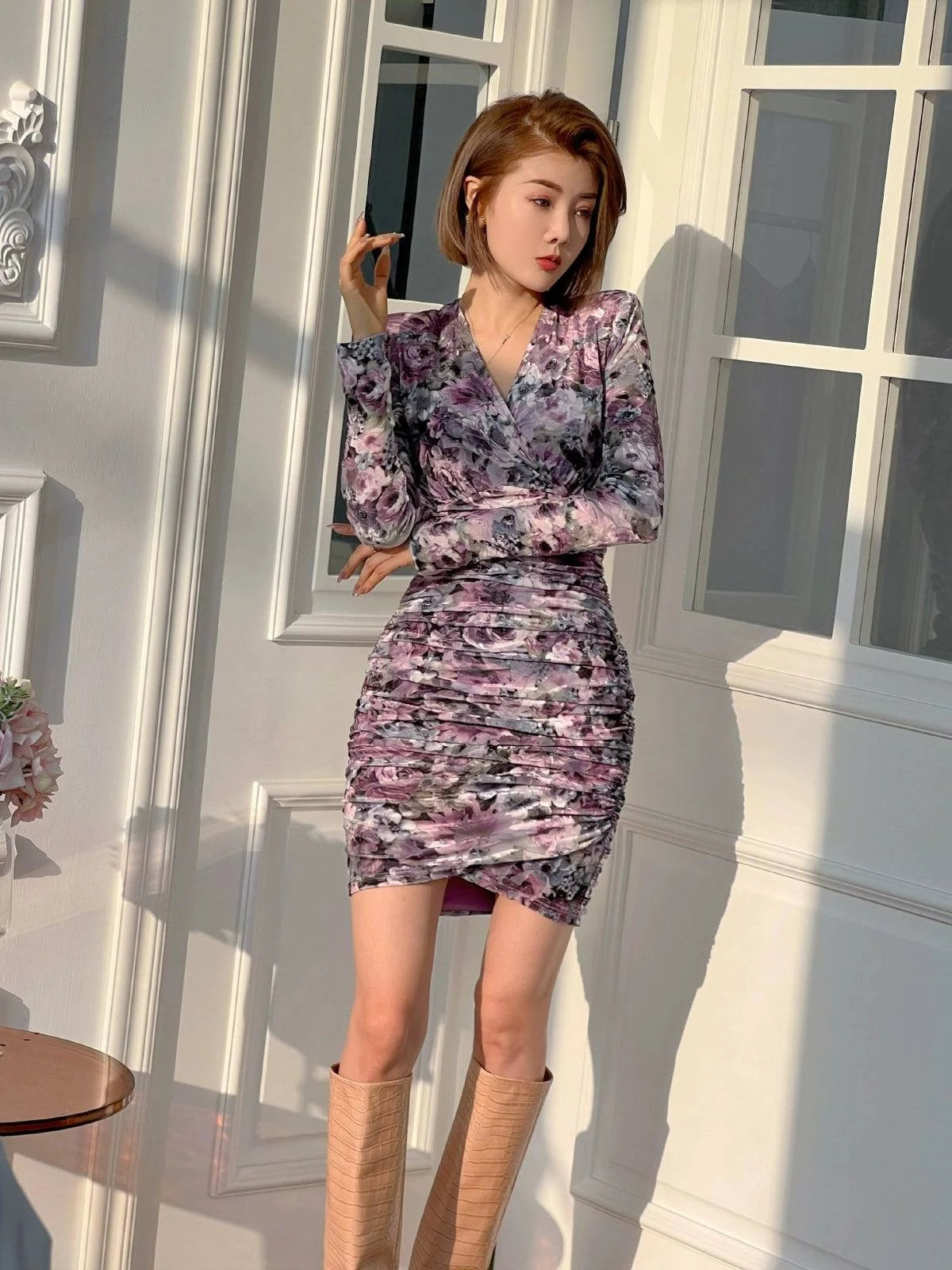 Long Sleeve Purple Floral Cocktail Dress - neasysspecialtease