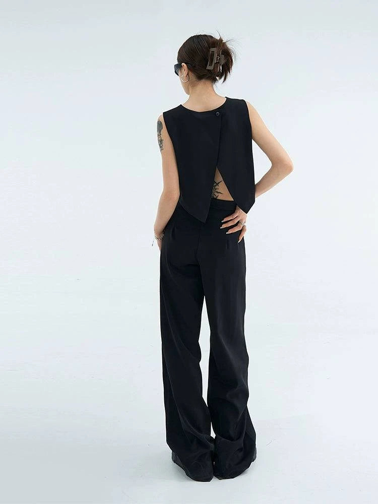 Casual High Waist Black Slim Looking Drooping Wide-Leg Pants - neasysspecialtease