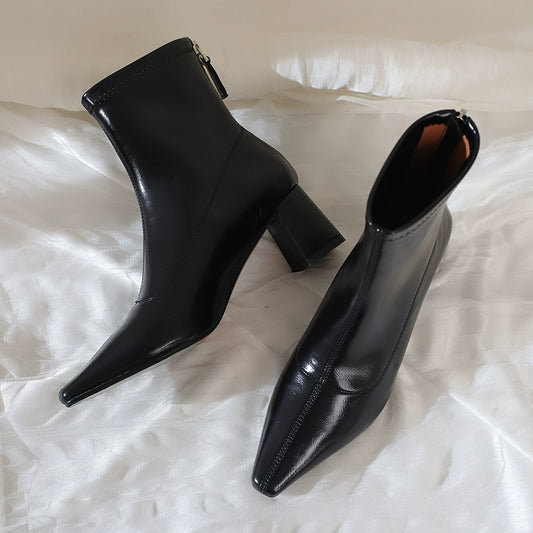 Korean Style Minimalist Chunky Heel Ankle Boots - Slim and Stretchy