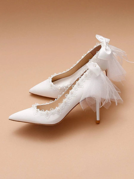 Stiletto Satin White Pearl Crystal Niche Wedding Shoes - neasysspecialtease