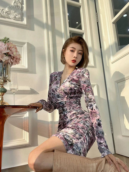 Long Sleeve Purple Floral Cocktail Dress - neasysspecialtease