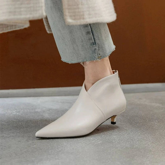 White Pointed Toe Kitten Heel Booties - Spring & Autumn Ankle Boots - neasysspecialtease