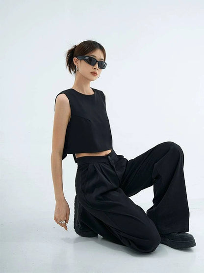 Casual High Waist Black Slim Looking Drooping Wide-Leg Pants - neasysspecialtease