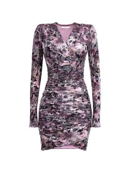 Long Sleeve Purple Floral Cocktail Dress - neasysspecialtease