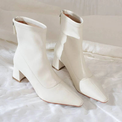 Korean Style Minimalist Chunky Heel Ankle Boots - Slim and Stretchy - neasysspecialtease