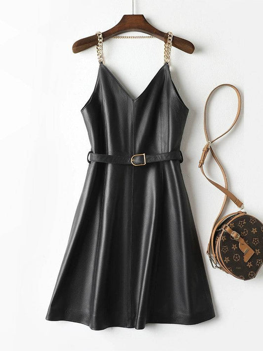 Sexy sheepskin dress with leather chain straps - neasysspecialtease