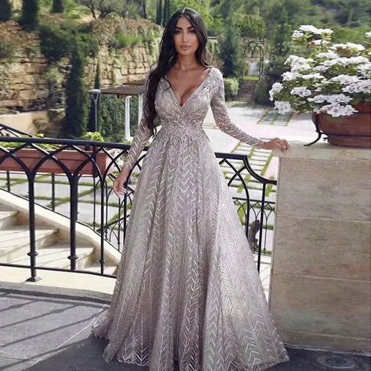 Luxury Gray Long Sleeve Evening Gown - neasysspecialtease