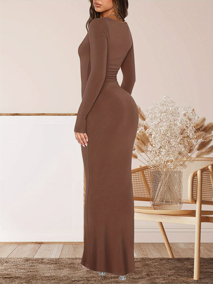 Women's Sexy Square Neck Long Sleeve Bodycon Maxi Dress Casual Ribbed Soft Lounge Dresses